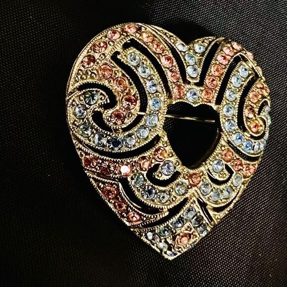 Vintage Pink Blue Rhinestone Heart Brooch Art Deco Style Silver Beautiful 4192 - Picture 5 of 8